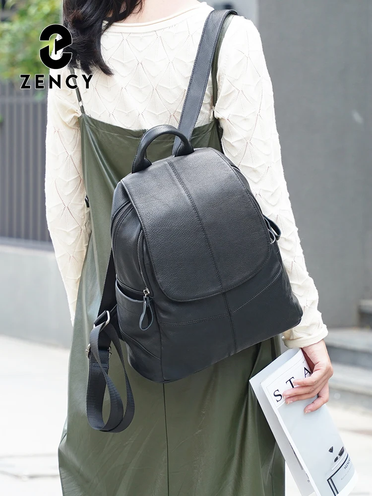 Zency 100% Genuine Leather Backpack For Women Black Knapsack for Travel Work