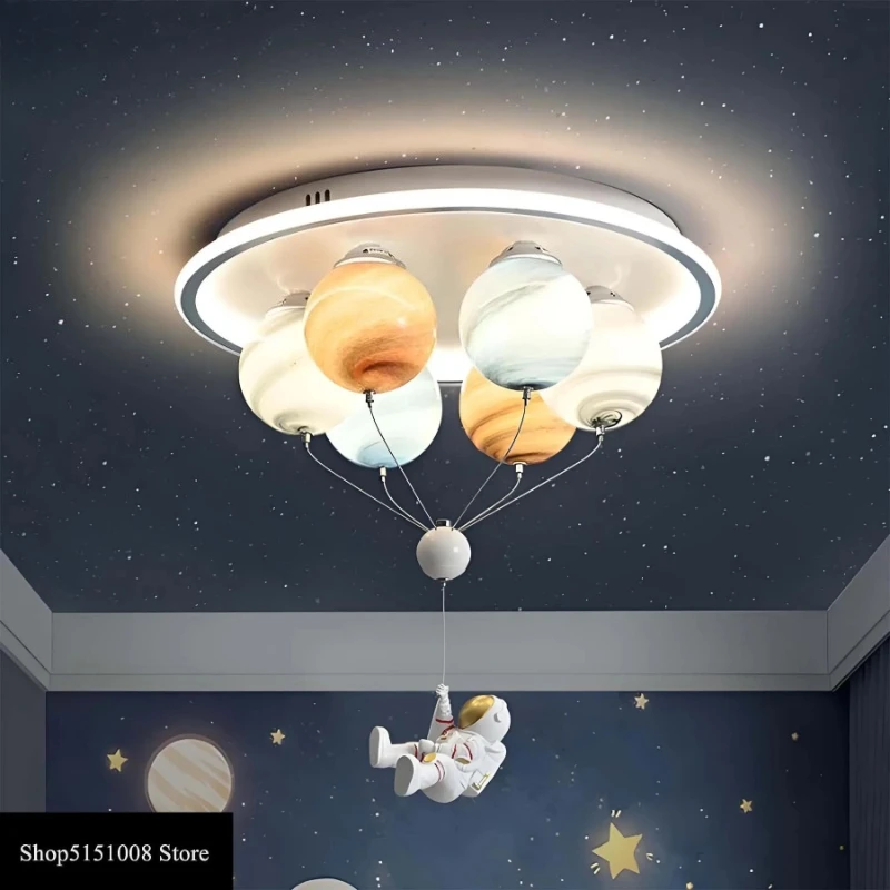 Nowoczesne, stylowe lampy sufitowe LED w stylu nordyckim z motywem astronauty, planety i nieba, kreatywna lampa artystyczna do pokoju dziecięcego, dekoracja domu, żyrandol.