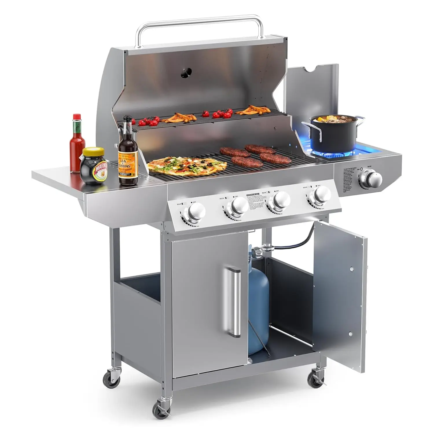 

Газовый гриль на 4 конфорки с боковой горелкой и эмалированными решетками, из нержавеющей стали, 544, на заказ