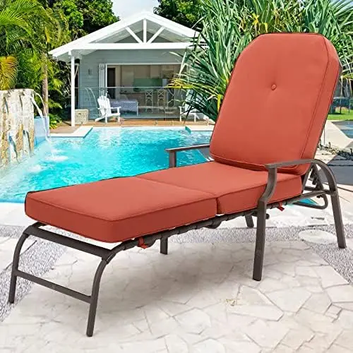 

Adjustable Outdoor Chaise Lounge Chair Patio Lounge Chair Recliner with Armrest and Cushion for Deck, Poolside, Backyard (Orang