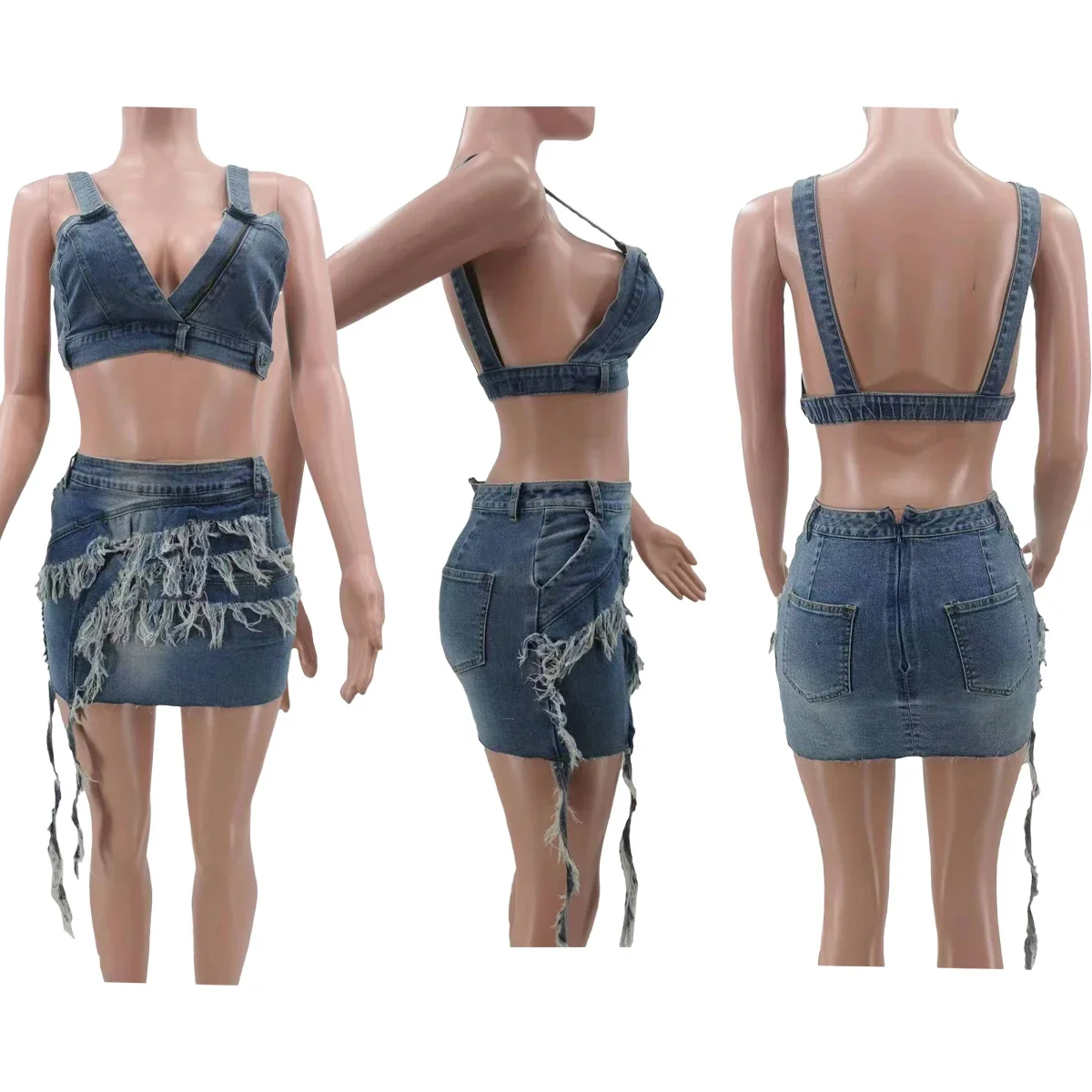 Summer stretch denim two pieces skirt set with v neck denim top and mini denim skirt