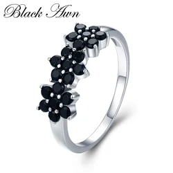 Black Awn 2026 New Cute Silver Color fashion jewelry Flower Bague Black Spinel Wedding Rings for Women Girl Party Gift C463