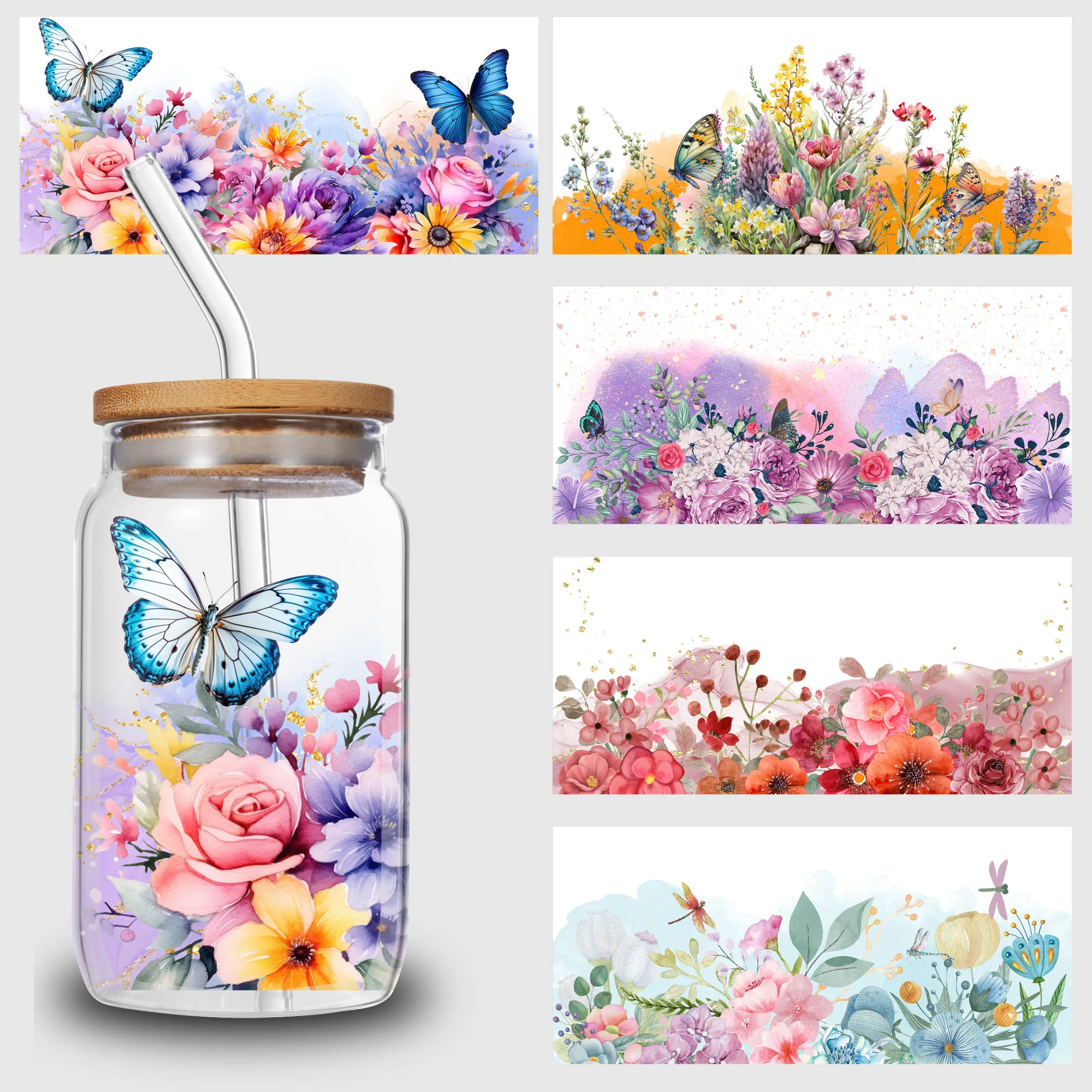 5 Sheets flower UV DTF Cup Stickers, Sports DTF Transfer Stickers for Glass, Waterproof Beautiful Butterfly Rubbing Transfers