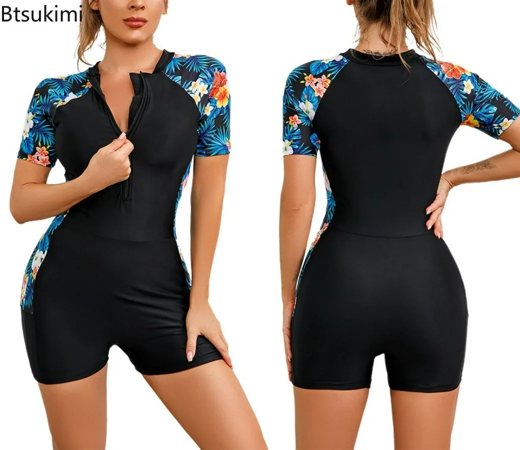 2024 Women's Summer Surfing Suits Flat Angle One Piece Short Sleeve Zipper Bikini Sets Swimwear Female Beachwear Sexy Bikinis