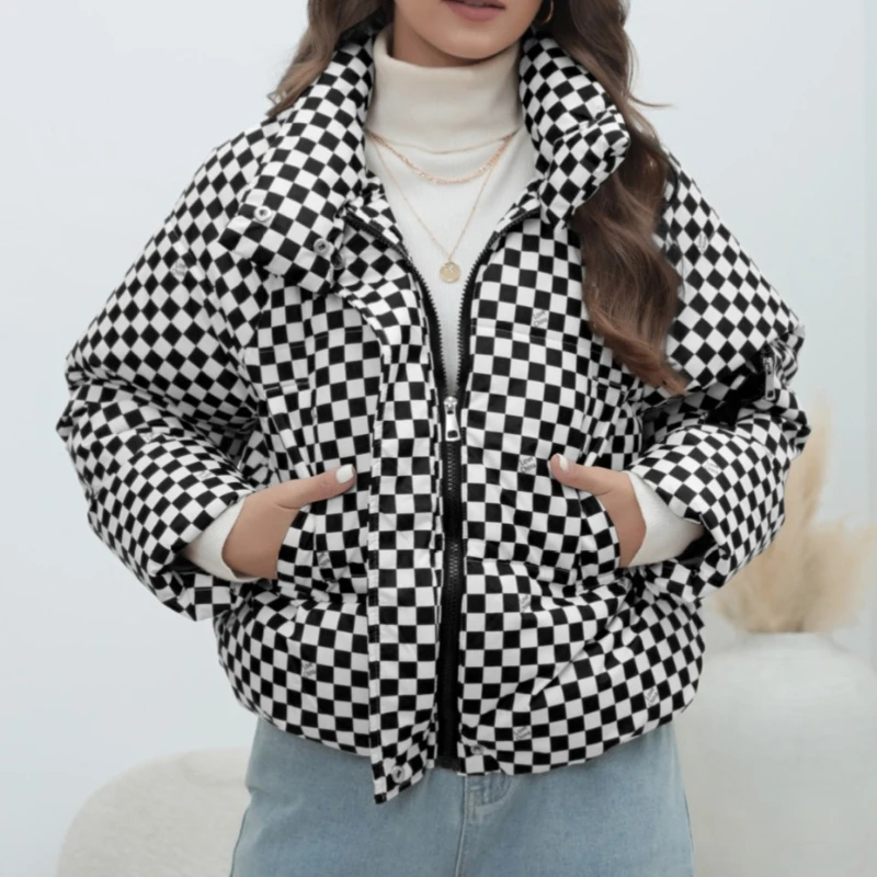 

Women's Fashion Warm Plaid Jacket Winter Fashion Cotton Coat Bread Style Versatile Long Sleeve Thickened Winter Coat for Women