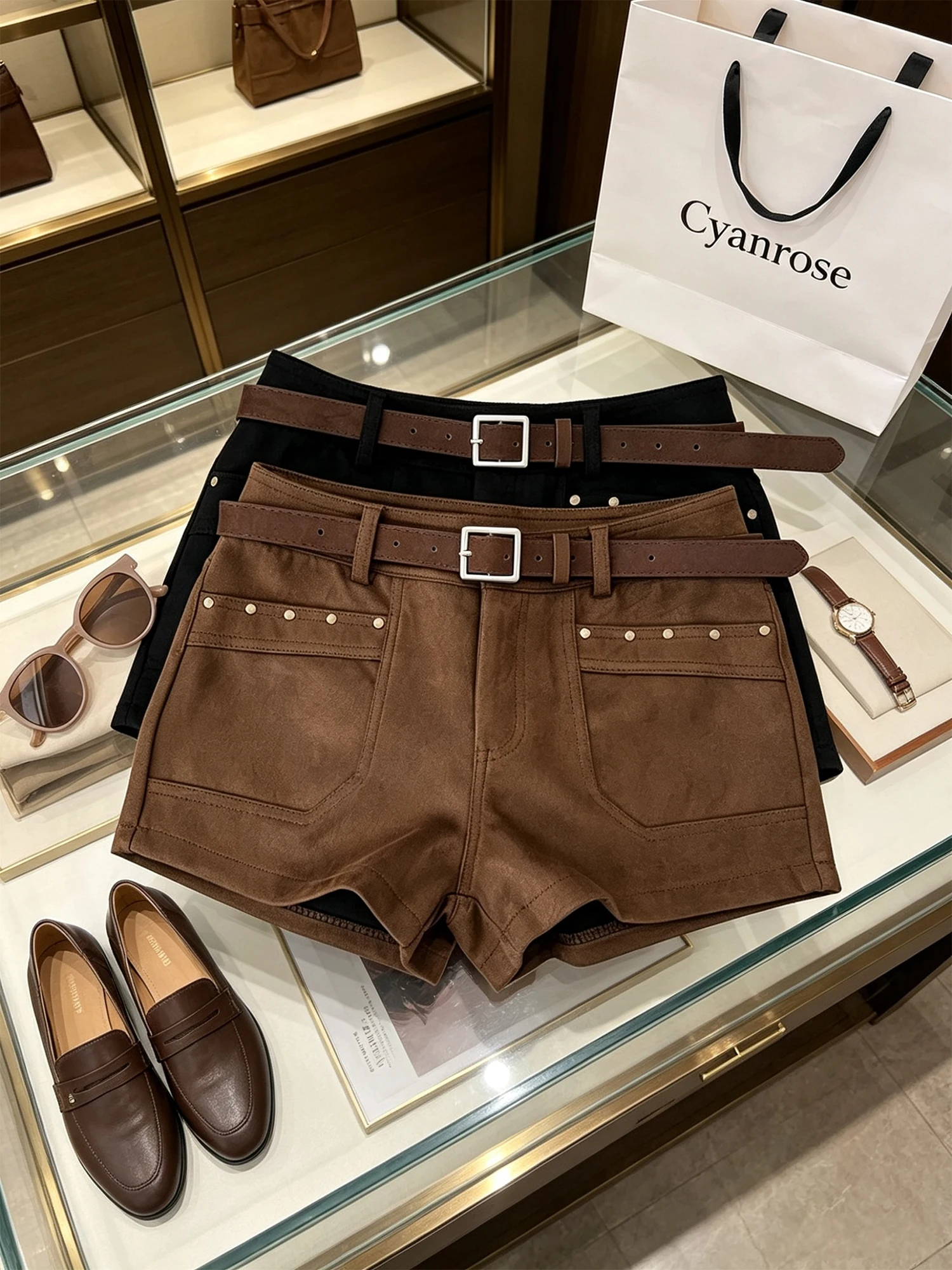 Women Brown Suede Shorts Y2k Gyaru High Waist Micro Boot Shorts Retro Elegant Casual Wide Leg Shorts with Belt for Women Summer