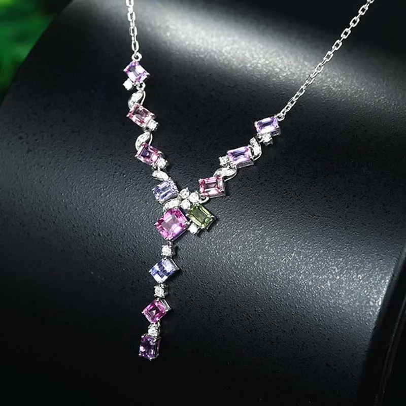 925 Sterling Silver Colorfull Cubic Zirconia Necklaces for Women New Trendy Shine Geometric Collar Fashion Evening Party Jewelry