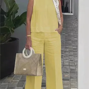 Zwei -Stück -Frauen -Baumwoll -Felsenset, ärmellose lose Bluse, breite Hosen, Freizeitkleidung, einfache Mode, Sommer 12 Hauptverkäufe weibliche formelle Tatsache - №11