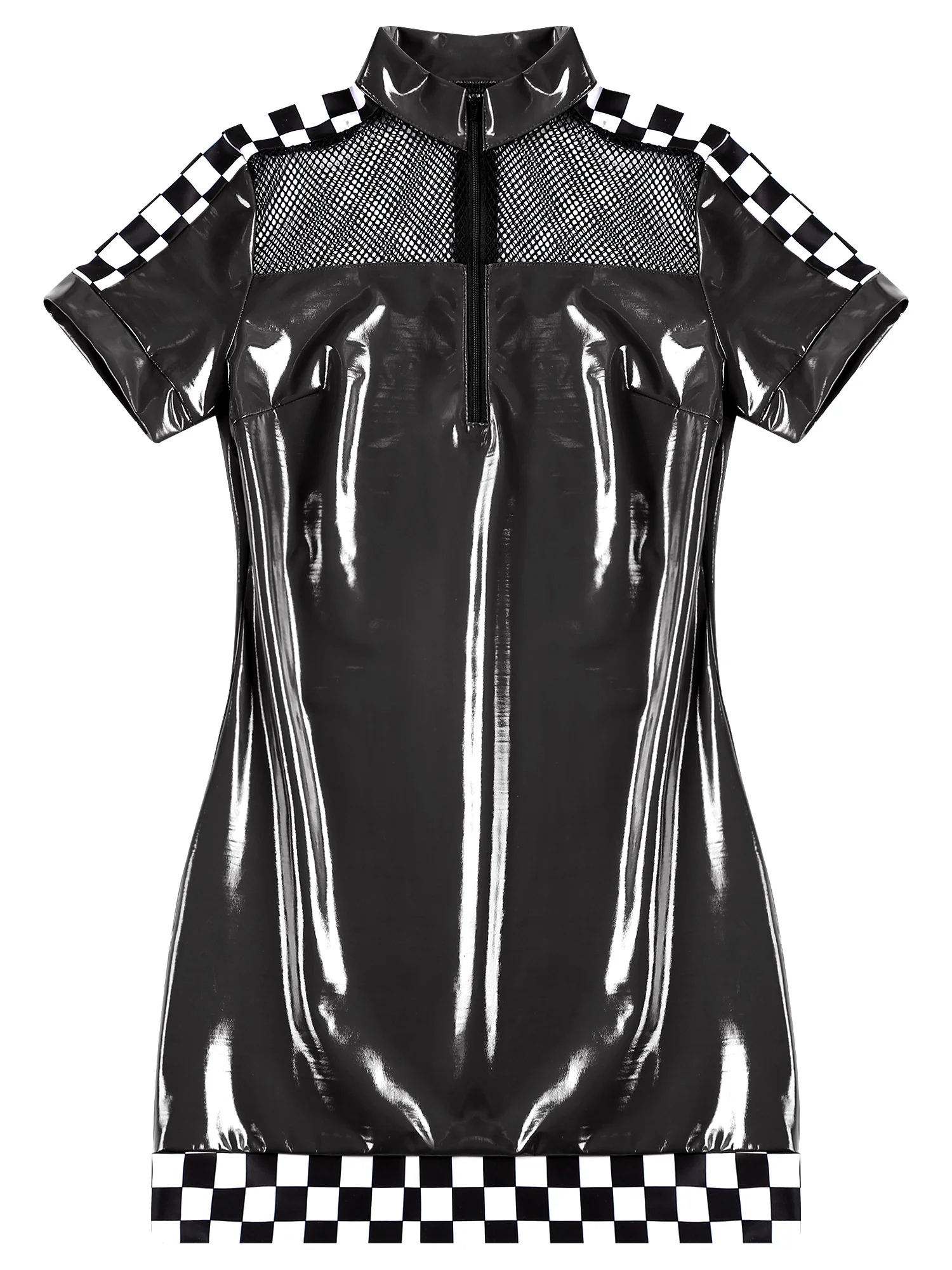 Damen sexy Racer Fahrer Mini kleid Wet Look Leder Bodycon Kleid Schachbrett Kurzarm durchsichtig Mesh Kleid Clubwear