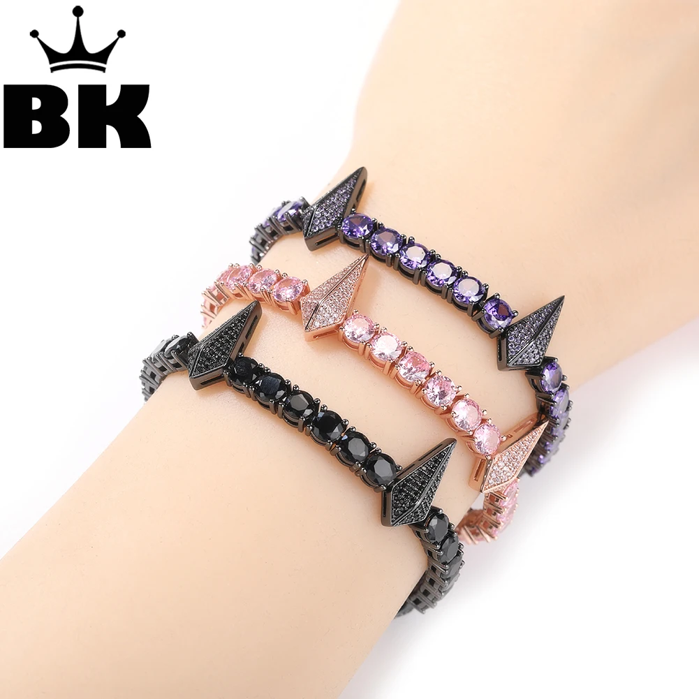 Pulsera gótica de Pantera Negra THE BLING KING para hombre, remache de punta, cadena de tenis de 4mm, circonita cúbica rosa helada, joyería Punk de Hip Hop