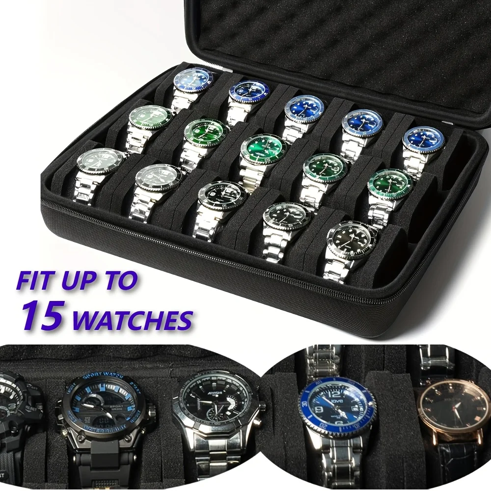 15 Slot Hard Watch Travel Case, Watch Roll Case Storage and Organizer for Men and Women, with Anti-Move Watch Pillow,Black