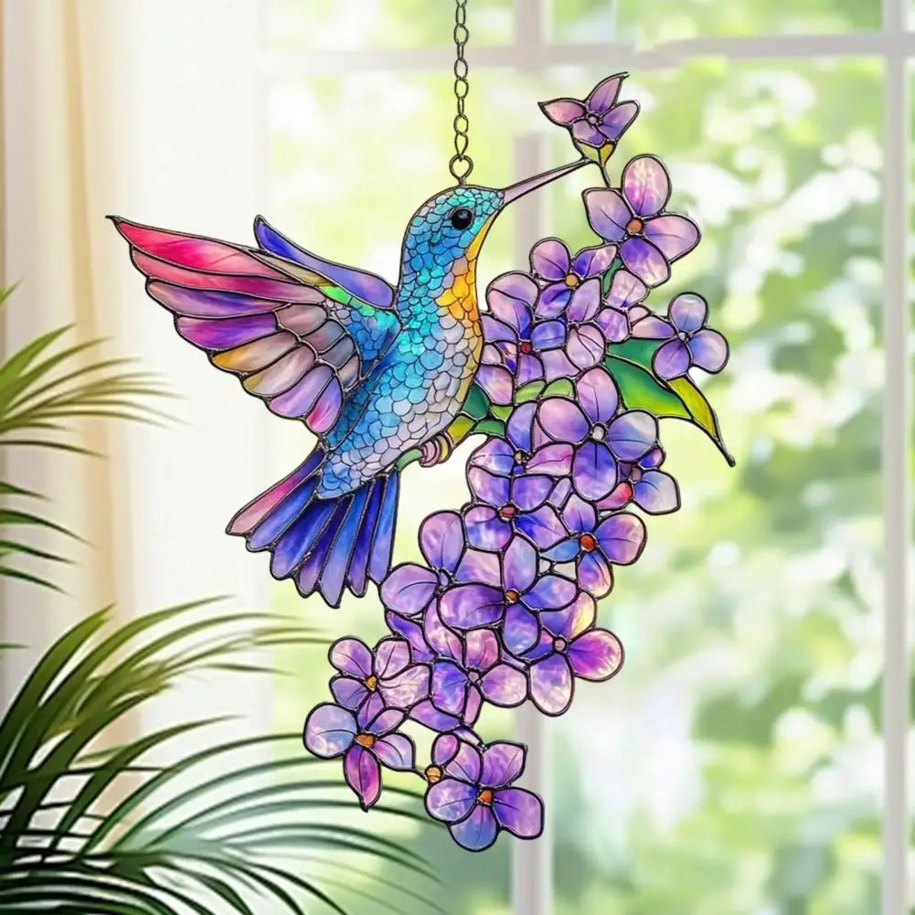Garden Hanging Ornament Colorful Hummingbird Sun Catcher Stained Acrylic Flower Decoration Hanging Window Suncatcher for Home
