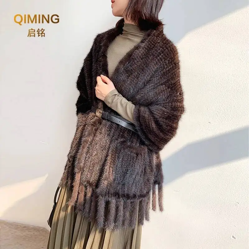 Long Style Large Winter Scarf Real Mink Fur Scarf Fringe Lady 100% Natural Mink Fur Shawl Women Knitted Fur Pashmina Scarves