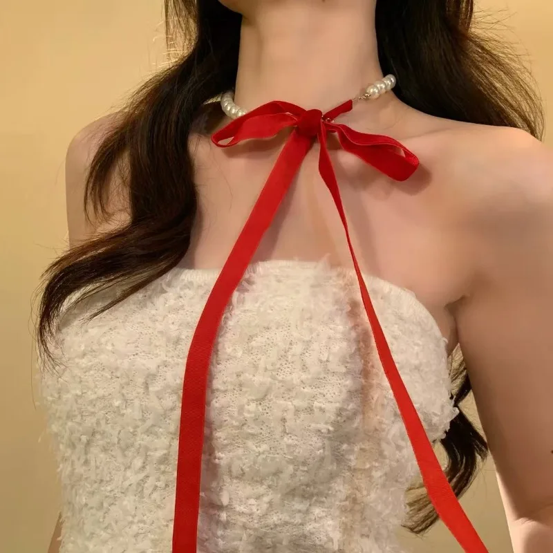 Dreamy Ribbon Choker Collection for Girls Korean Hand-Tied Bows Delicate Beadwork Sweet Aesthetic Adjustable Collarbone Chain