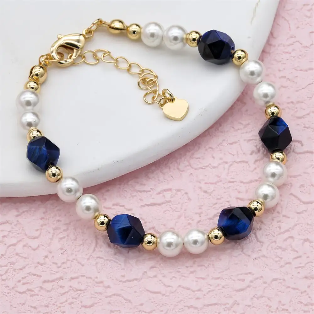 Handmade Elegant Exquisite Gold Plated Shell Pearl Blue Tiger Eye Stone Beaded Bracelet Women Pulseira Fashion Jewelry