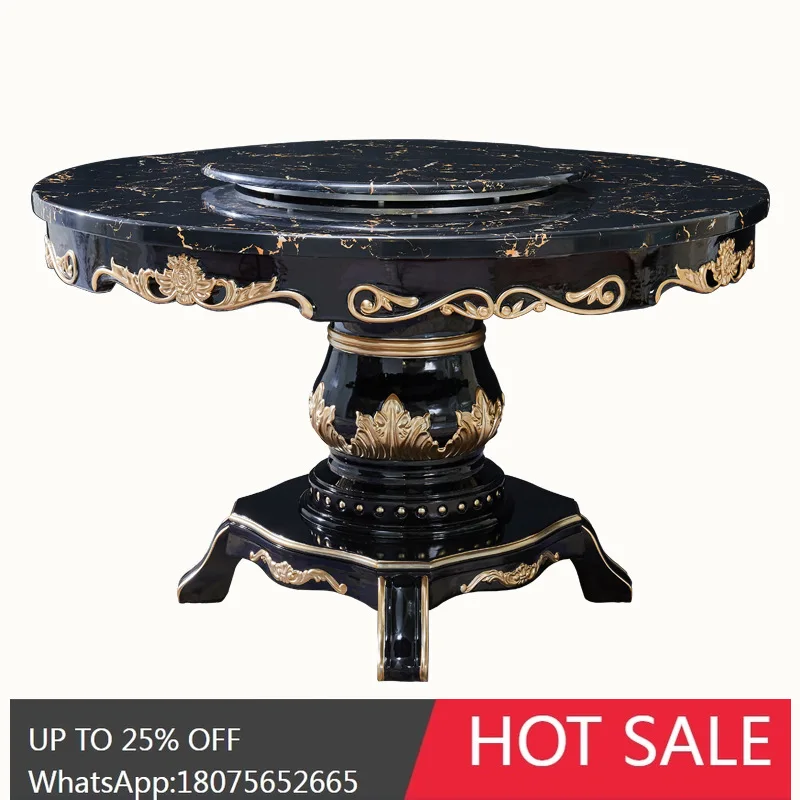HLZ European-style Marble Dining Table Full Solid Wood with Turntable Round Table Luxurious American-style Dining Table