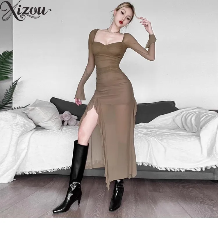

Y2k Style Spring Square Neck Dresses Women's Ruffle Edge Splicing Split 2025 New Elegant Sexy Medium and Long Dress Autumn
