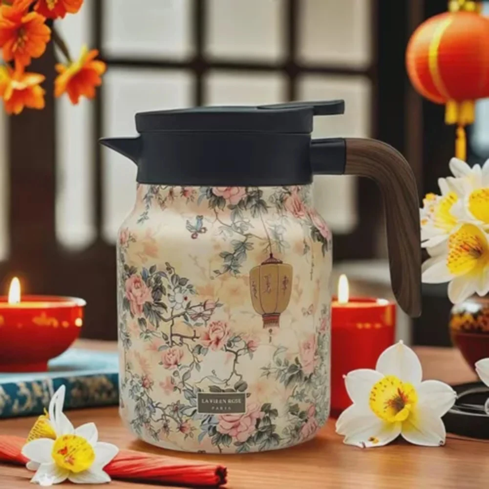 Thermos-Tea Pot Floral Pattern-Thermos Built-In Infuser Stainless Steel Thermal Coffee Carafe for Cold Hot Drinks 1000ml