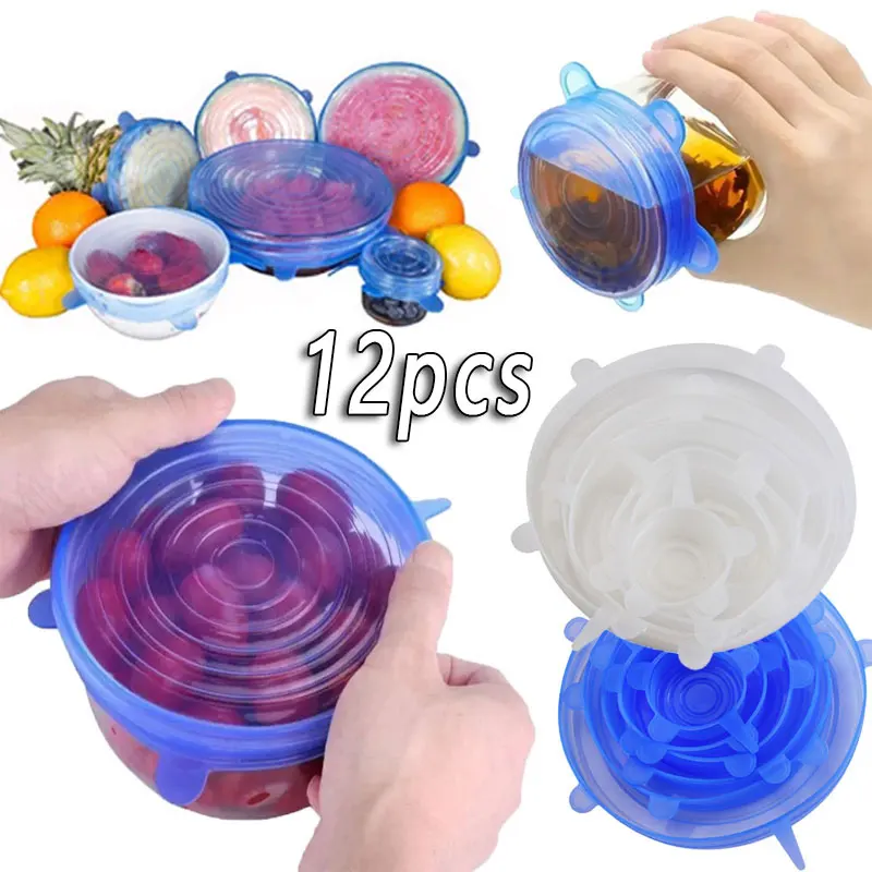 6/12pcs Food Grade Silicone Preservation Cover Reusable Airtight Food Universal Dish Stretch Round Lids for Kitchen Accessories