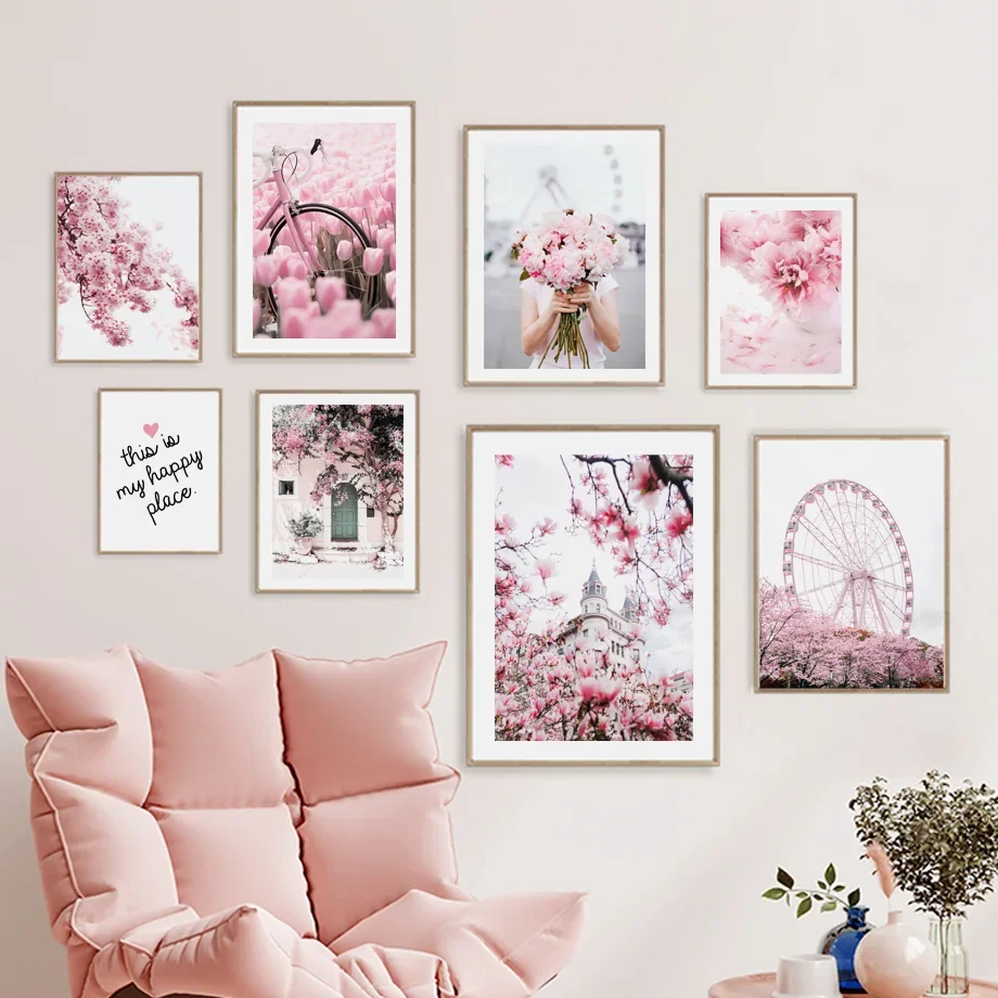

Japan Volcano Sakura Pink Rose Tulip Flower Paris Door Farmhouse Wall Art Canvas Painting Print Nature Picture Living Room Decor