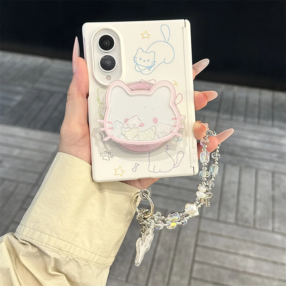 Cute Pastel Line‑Drawing Cat Phone Case For Samsung Galaxy Z Fold8 Cat Pop‑Up Stand Crystal Pearl Wrist Chain Protection Cover