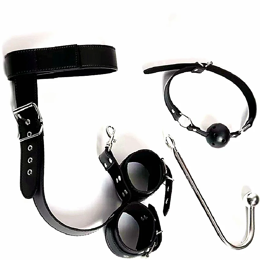 Anal Hook With Backhand Buttonhole Design Combines Metal Rear Plug With Bondage Tail And Handcuffs Mouth Gag For BDSM Play