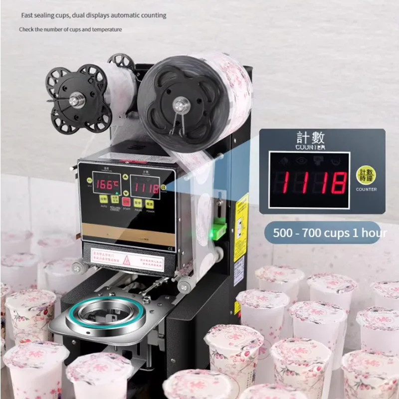 

Полностью автоматическая машина для запечатывания стаканчиков, пластиковый упаковщик, бумажный стаканчик, чай с молоком, пищевая машина, электрическая пузырьковая пленка для чая, английская версия