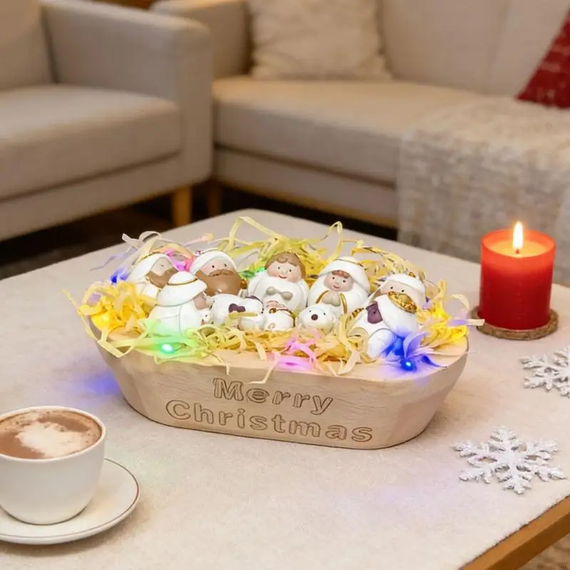 2025 New Miniature Nativity Scene Figurine Illuminated LED Wooden Manger Scene Ornament for Festival Christmas Decoration