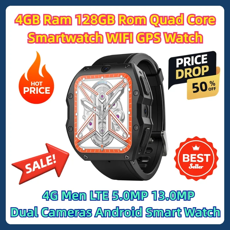 

4GB Ram 128GB Rom Quad Core Smartwatch WIFI GPS Watch 4G Men LTE 5.0MP 13.0MP Dual Cameras Android Smart Watch