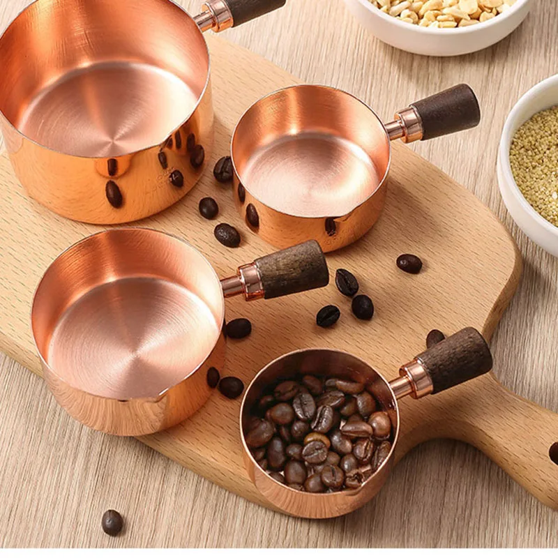 4Pcs/Set Stainless Steel Plated Measuring Cup Multi-gauge Measuring Spoon with Walnut Handle Measuring Cup with Graduated Scale