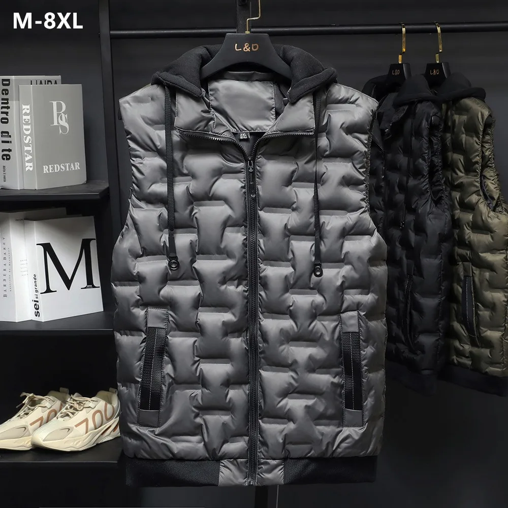 

Мужской осенне-зимний жилет, свободные парки без рукавов, большие размеры 6XL, 7XL, 8XL, черное пальто с воротником-стойкой, теплый жилет, мужская одежда с капюшоном