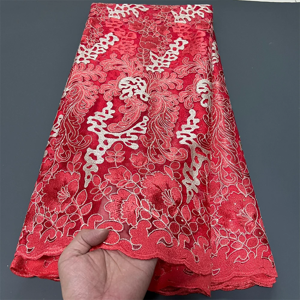 

Африканский нигерийский высококачественный тюль с блестками 2025 для выпускных платьев, кружевная ткань, сетка для вышивки, бусины, шитье, 5 ярдов, ZJ056