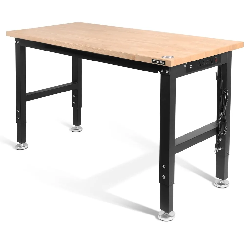 

48" Adjustable Workbench, Rubber Wood Top Heavy-Duty Workstation, 2000 LBS Load Capacity Hardwood Worktable with Power Outlets,