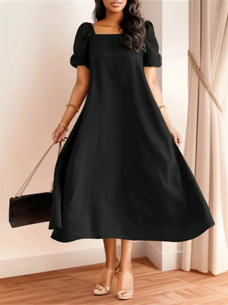 ZANZEA damska krótki bufiasty rękaw impreza Vestidos z kwadratowym dekoltem Midi sukienka elegancka koreańska moda rekreacyjna w jednolitym fartuchowym stylu