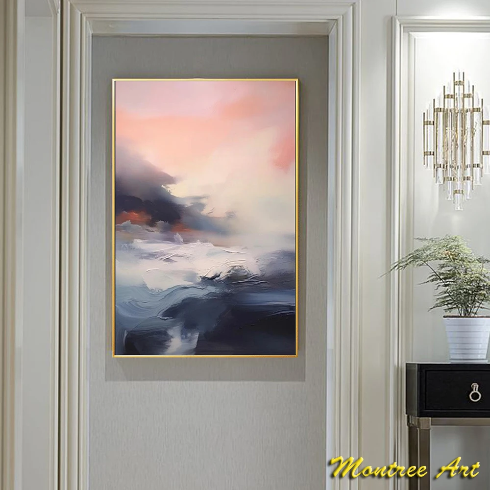 Hand Painted Oil Painting Large Ocean Sunset Painting Modern Abstract Blue Acrylic Painting Pink Sky Art Gray Mountain Painting