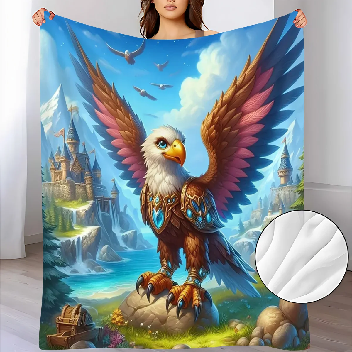Magical Armored Griffin Fairytale Castle Mountain Lake Landscape Pattern Flannel Blanket Warm Cozy Printed Throw Blanket