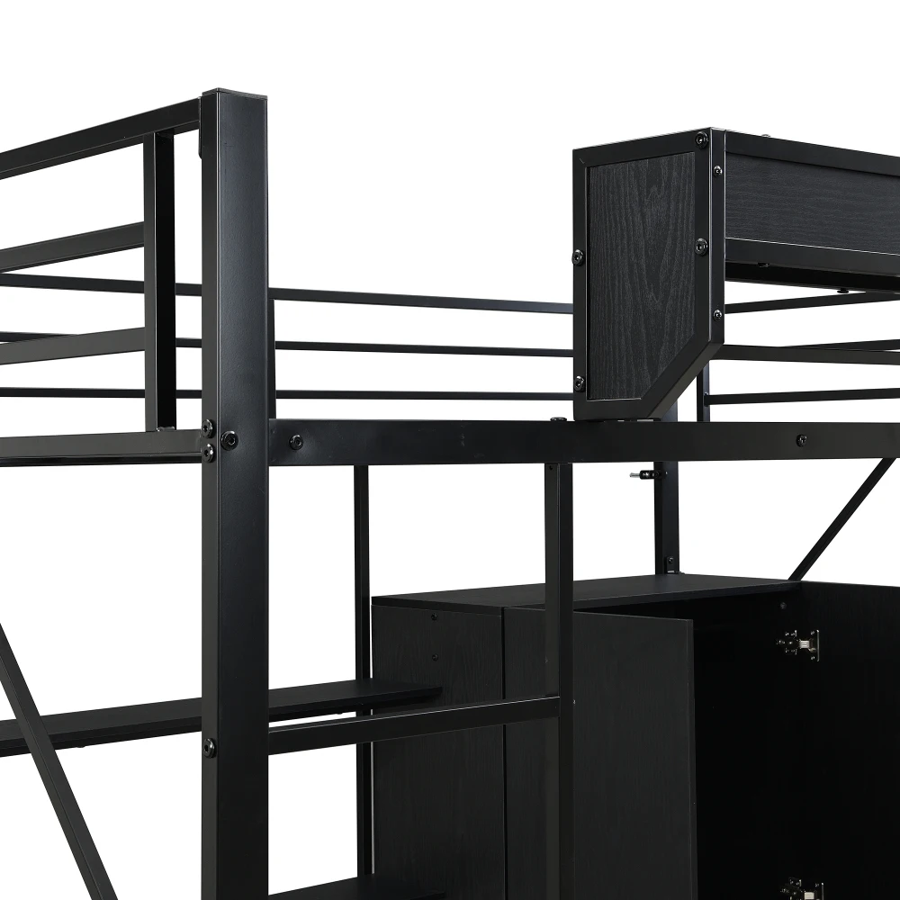 PINGGO Eisen-Hochbett mit Schreibtisch, Doppelstauraum, Kleiderschrank, Eisen-MDF, Schwarz, 140x200cm, ohne Matratze – Detail 19