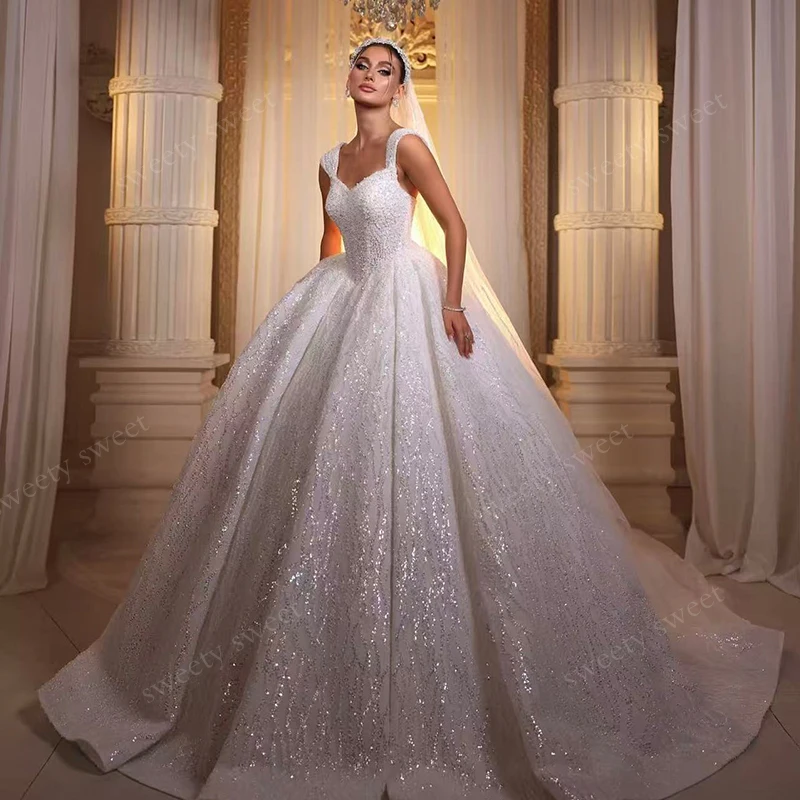 Luxuriöses Hochzeitskleid, vollständig mit Perlen verziert, Ballkleid, ärmellos, herzförmiger V-Ausschnitt, Brautkleid, maßgeschneidert, glitzernd, Vestido De Novia