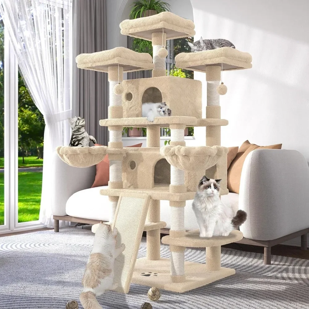 

68 Inches Multi-Level Large Cat Tree for Big Cat Tower Condo Cozy Plush Cat Perches Fluffy Balls