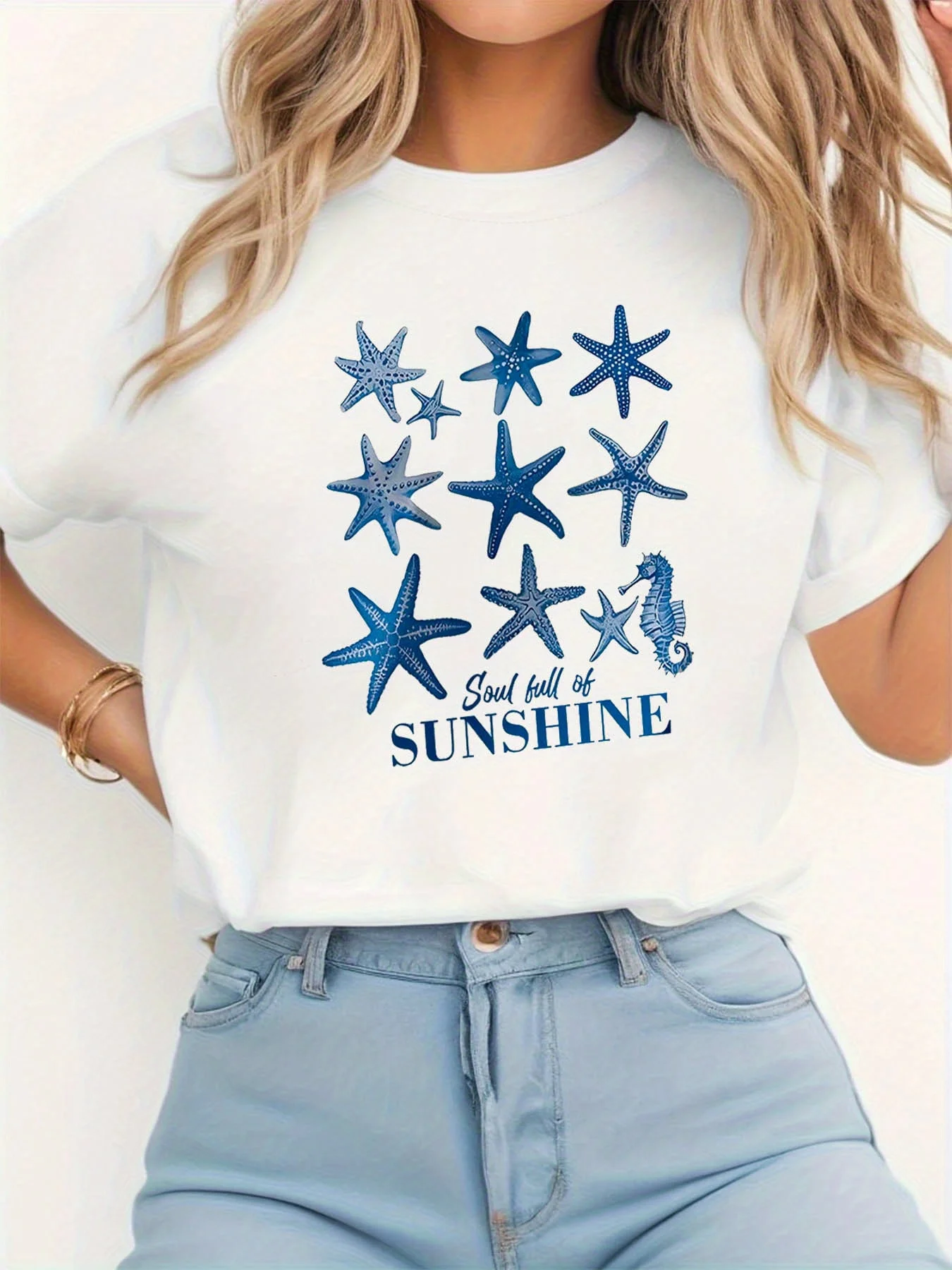 Soul Full of SUNSHINE Letter Print T-shirt Sleeve Crew Neck Casual Top for Summer Spring Women's Clothing Aesthetic Clothes