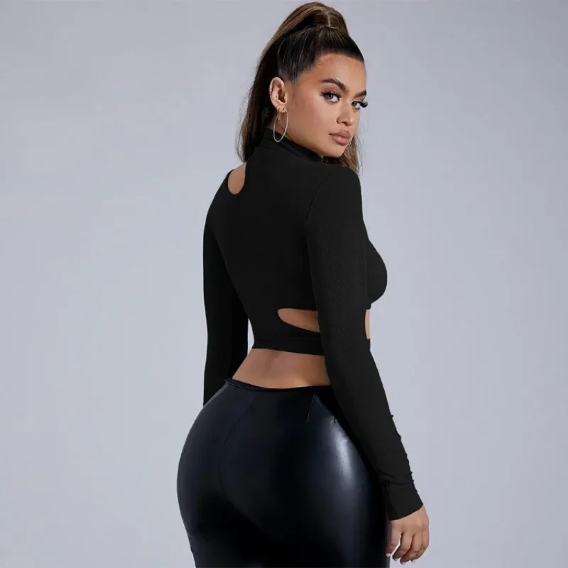 Women's Clothing 2024 Autumn/winter Half High Neck Black Long Sleeved Sexy Inner Layer T-shirt Short Tight Fitting Y2K Top YSQ20