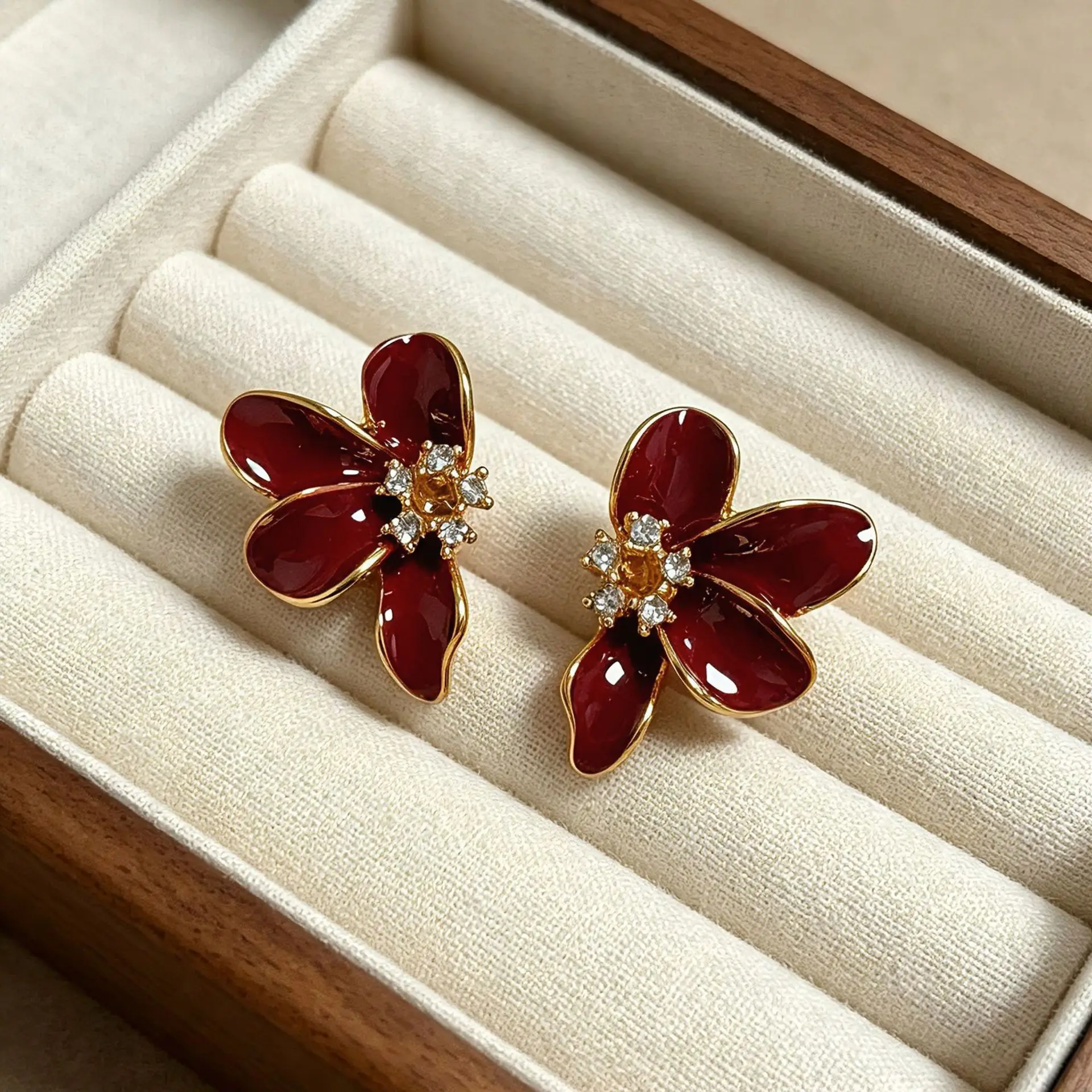 Boho Wine Red Studs Deep Red Petals With Crystal Cluster Design Cute Jewelry Accessories For Women Beach Party Outfits