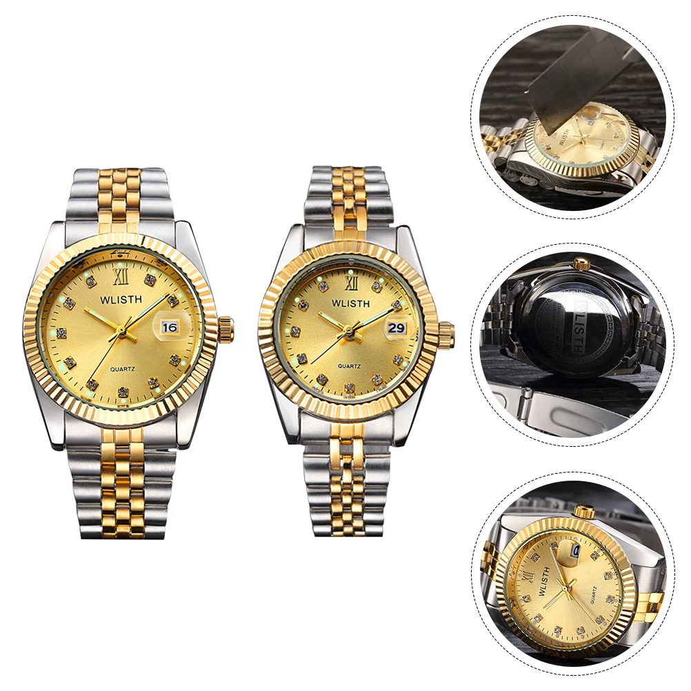 2 Pcs Couple Watch Quartz Wristwatch Dial Lightweight Golden Watches Lovers Buckle Material: Stainless Steel Case Alloy Women's