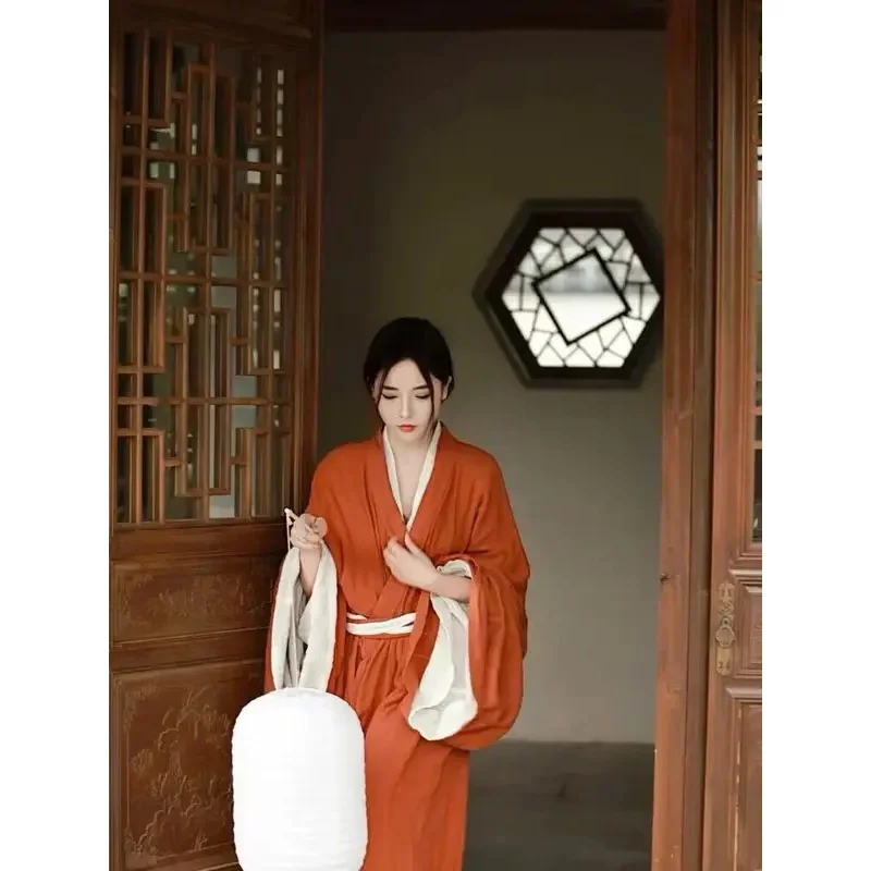 Vestido Hanfu de algodón y lino para mujer, traje tradicional chino de 2 uds, disfraz de Hanfu para Halloween, ropa para el hogar de otoño, bata roja de talla grande