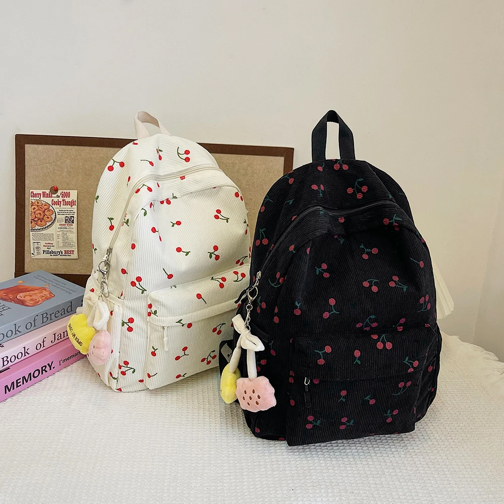 Corduroy Backpack Cherry Pattern Women Travel Daypack Adjustable Strap Laptop Backpack Zipper for Work Shopping School