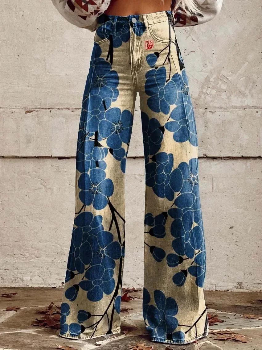 Women's denim flared pants micro flared pants 3D printed rose jeans fashionable and comfortable oversized jeans flared pants