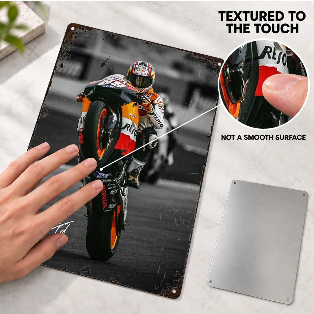 Nicky Hayden MotoGP Textured Metal Poster Personalized Aluminum Sign Black And White With Color Accents Wall Art For Workshop