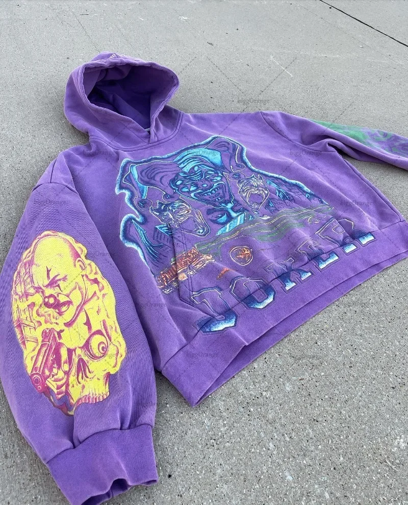 2024 New Fashion Purple Casual Clothing Men Cartoon Printed Oversized Hoodie Men Y2K Harajuku High Street Loose Pullover Women