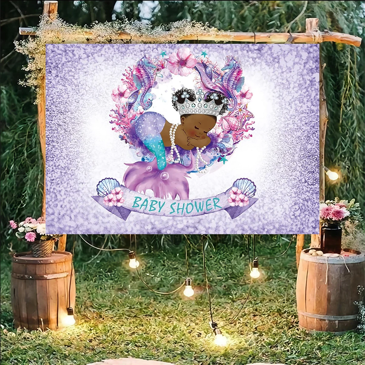 Mermaid Baby Shower Backdrop Girl Under The Sea Princess Photography Background Glitter Seashell Happy Birthday Party Banner