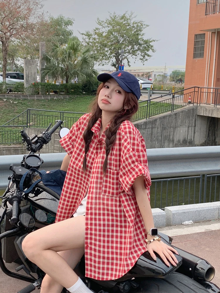 

Red Plaid Pocket Roll Sleeve Short Shirt Women's Loose Fit Turn Collar Top Casual Style Summer New Korean Versatile Loose Shirt